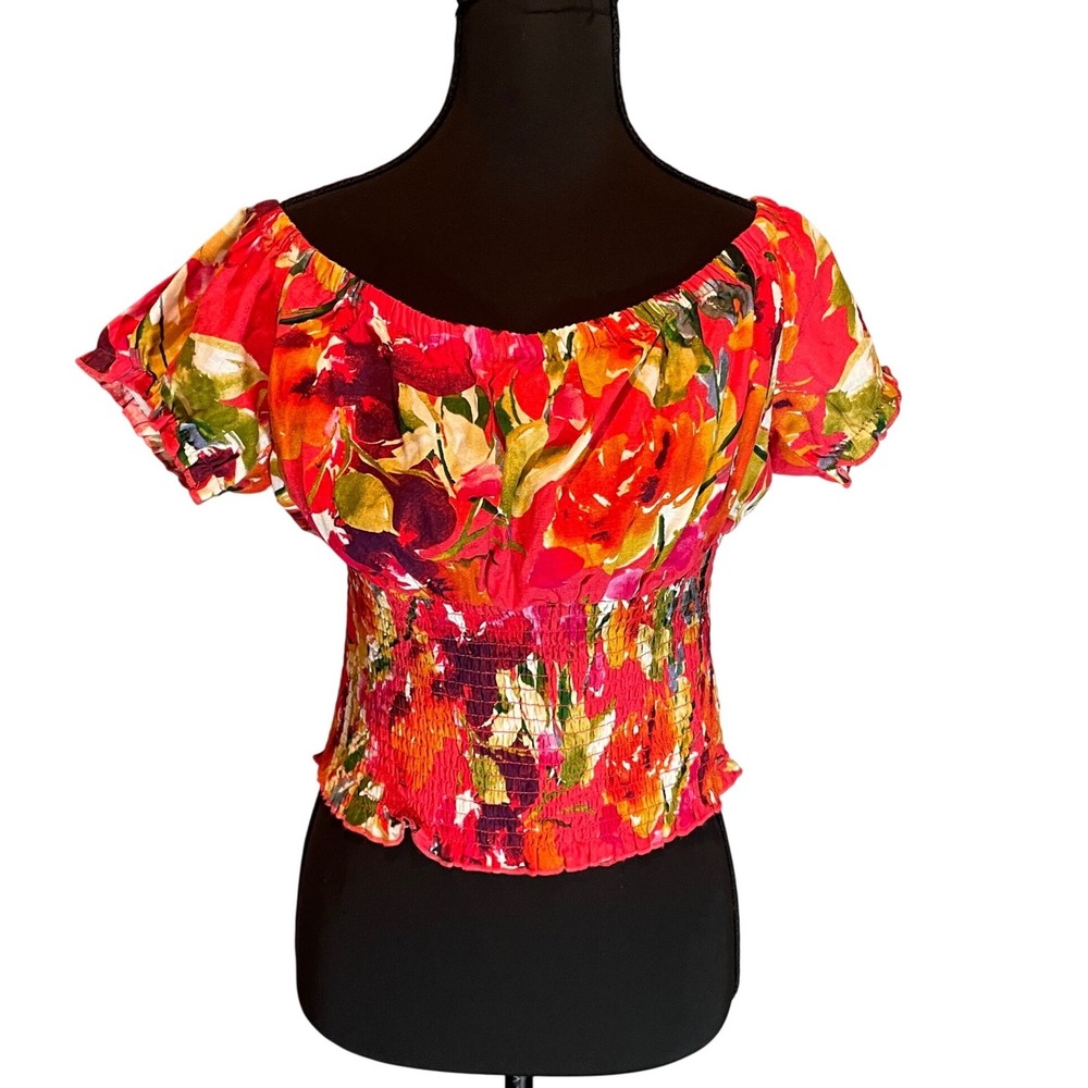 Guess Floral Smocked Off Shoulder Linen Blend Crop Top L Dopamine Dressing Y2K